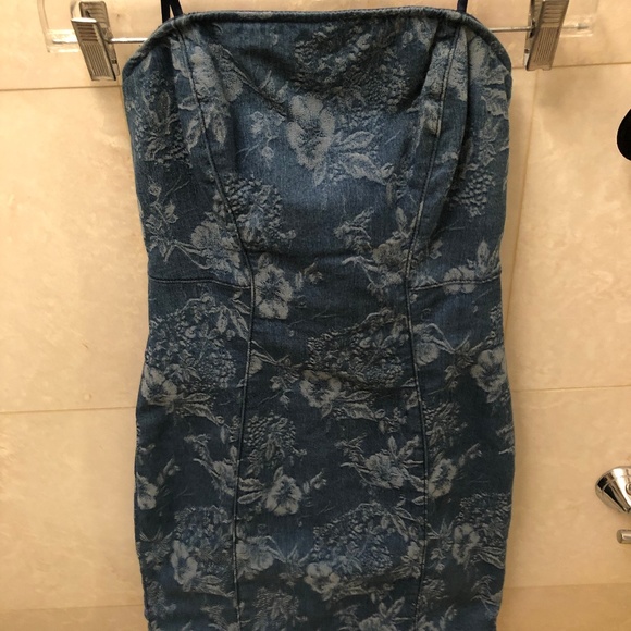 Final Sale Guess Strapless Floral Denim Dress 2 - Picture 3 of 8